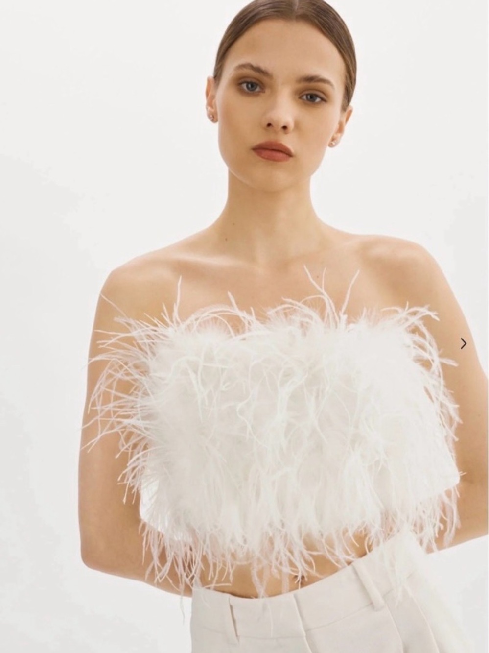 12th Tribe White Feathered Strapless Crop Top